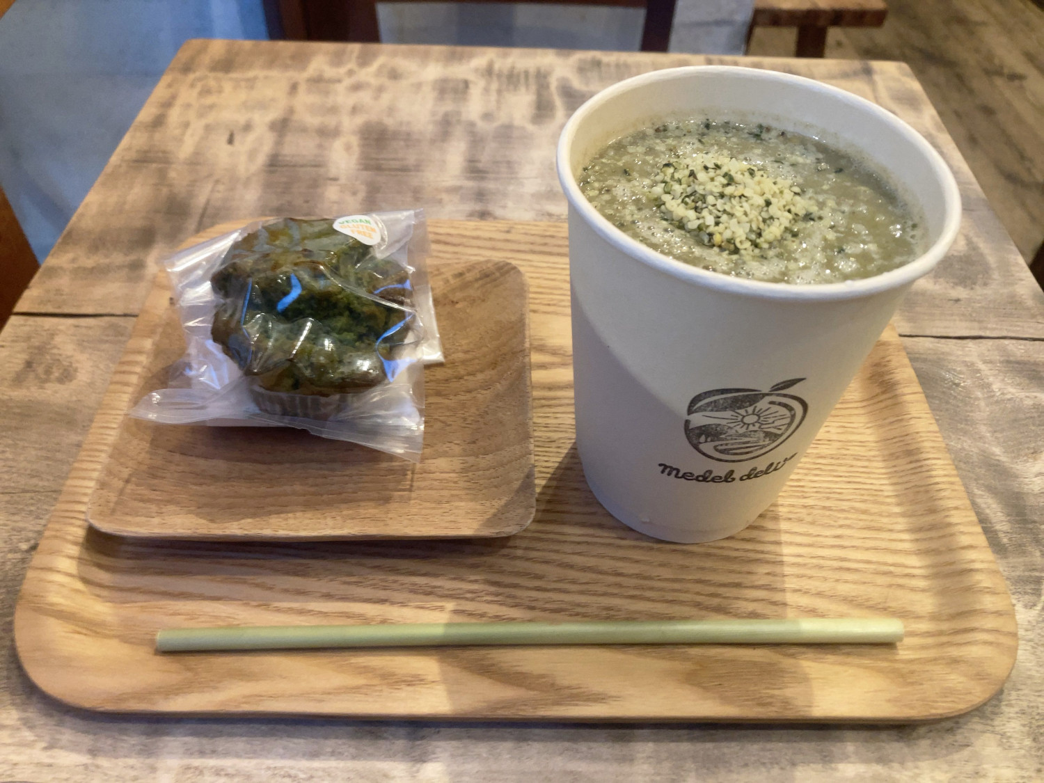 Hemp Banana Smoothie and Amazake Matcha Muffin of Medel deli